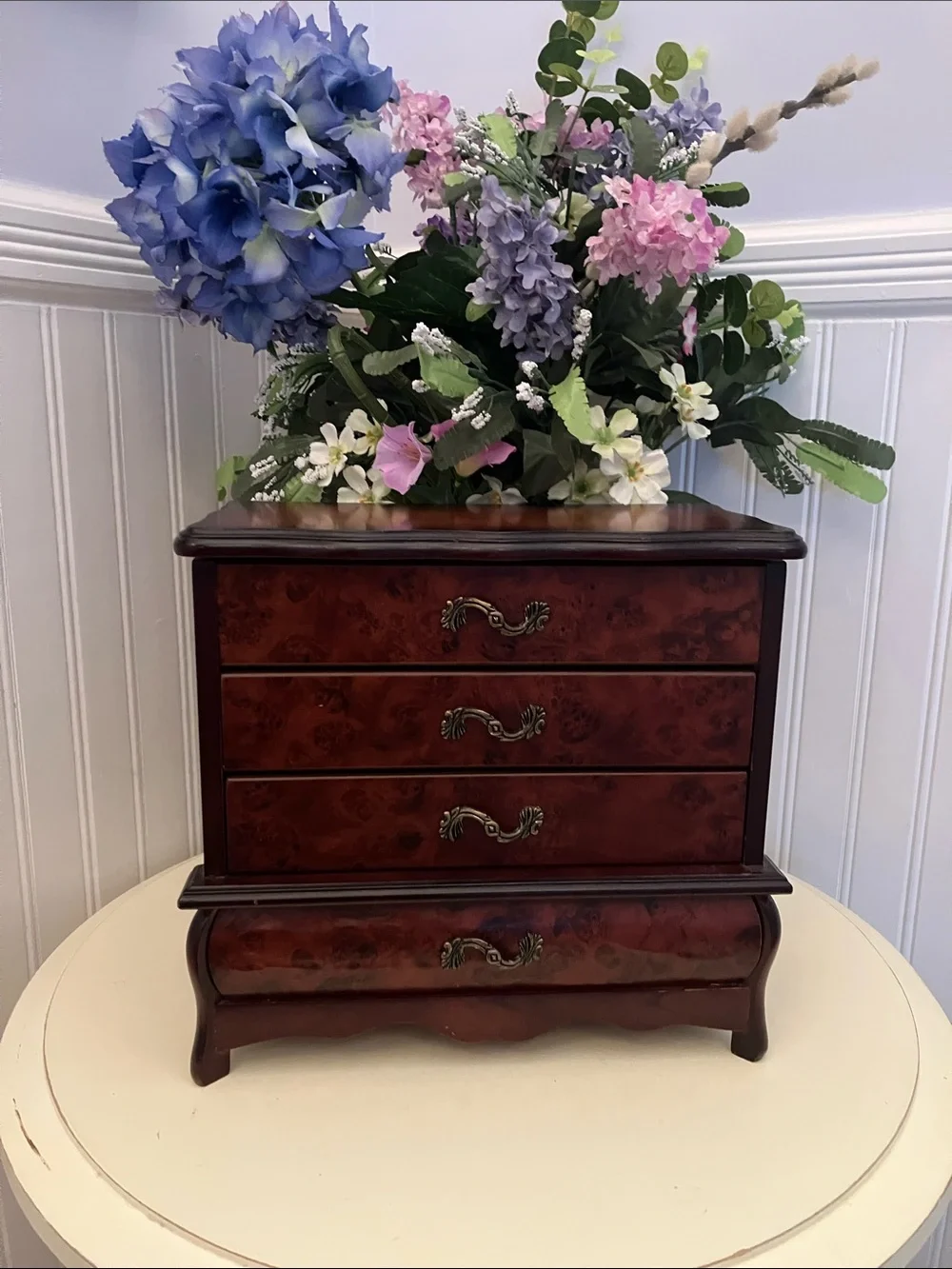 Classic Wood Jewelry Chest in Rich Brown Flip Up Top Mirror & 3 Drawers